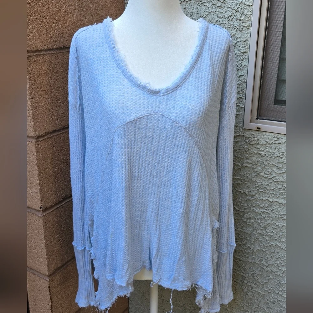 Free People Raw Hem Baby Blue Flowy Long Sleeve Thermal Top
